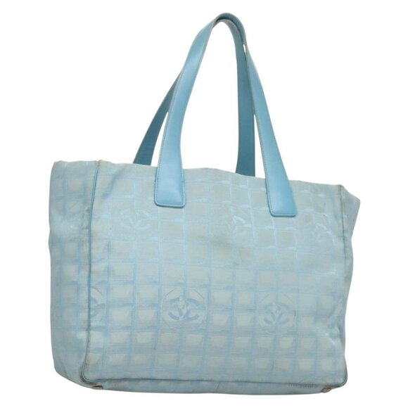 CHANEL New Travel line Tote Bag Nylon Light Blue Silver CC Auth - Picture 1 of 16